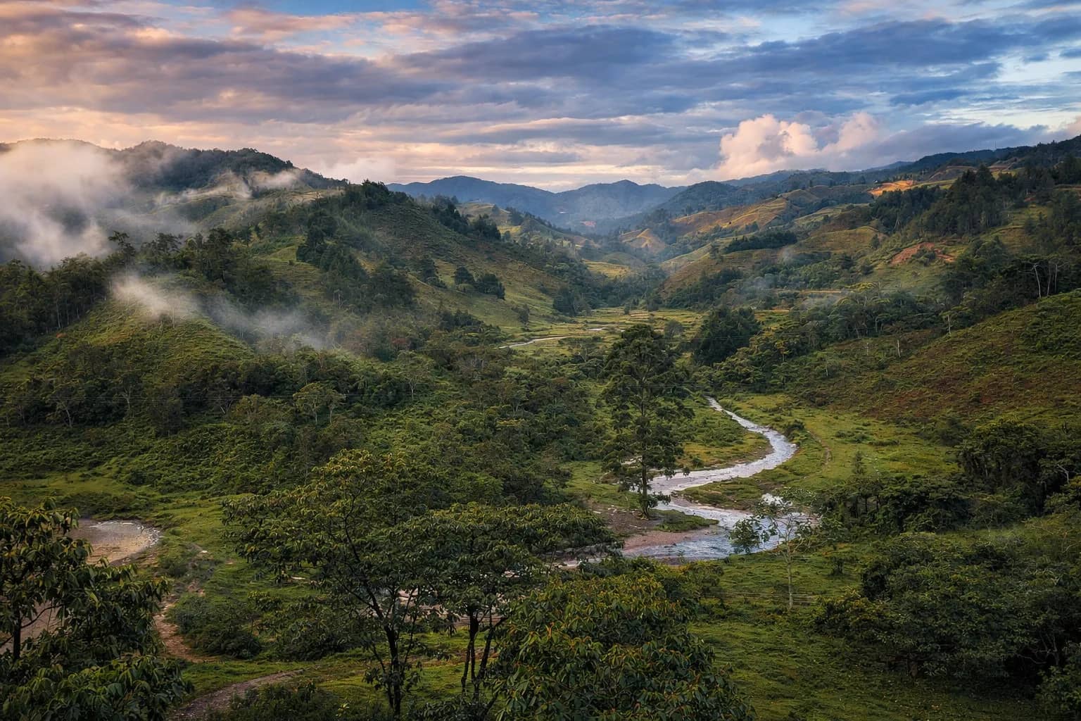 Calm valley landscape at Camino al Sol for ayahuasca participants with anxiety