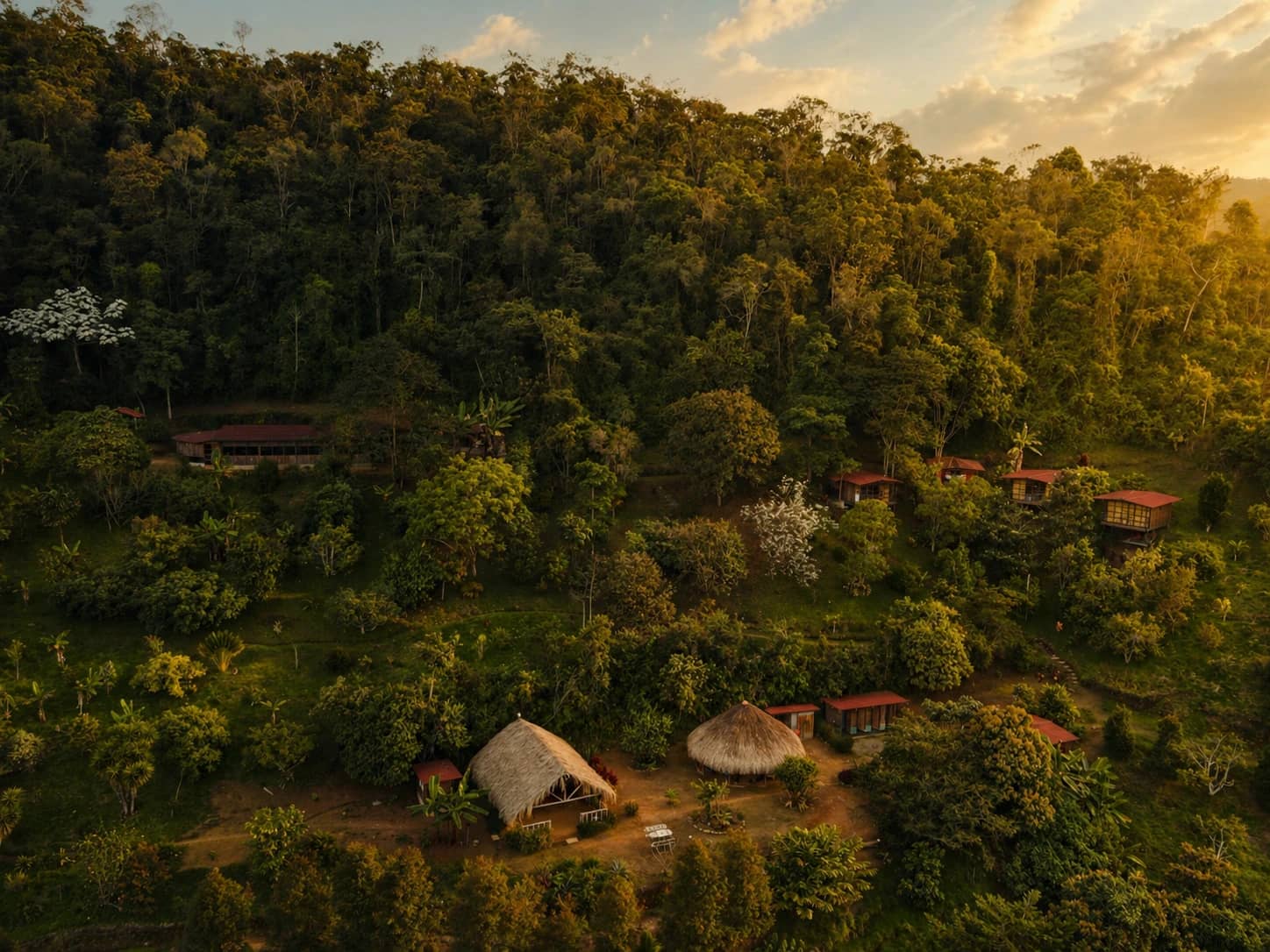 Golden-hour aerial view of the Camino al Sol reserve in Antioquia, Colombia