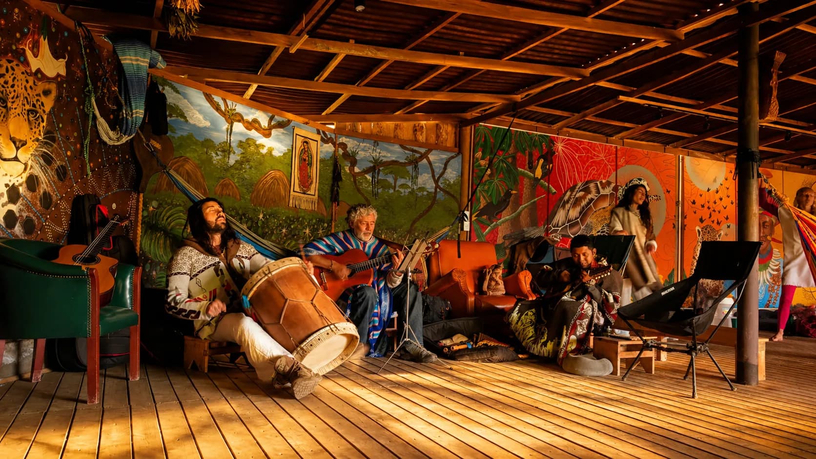 Medicine music in the ceremony house at golden hour
