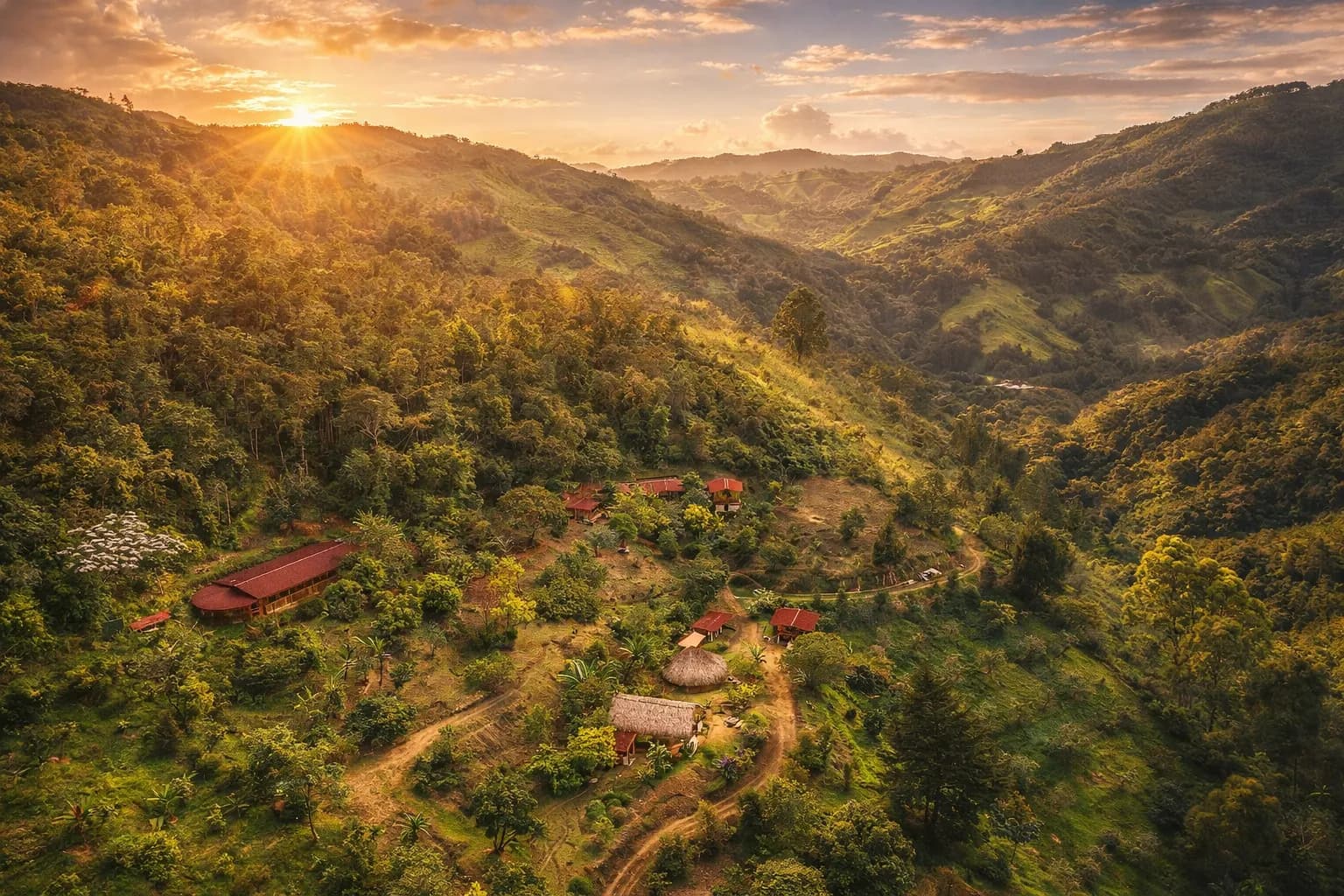 Mountain landscape and retreat grounds at Camino al Sol in El Retiro, Antioquia