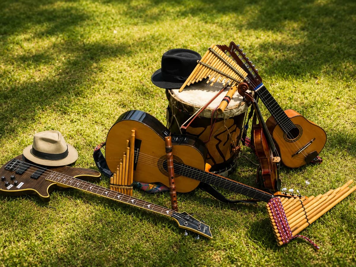 Andean string, wind, and percussion instruments arranged outdoors on grass