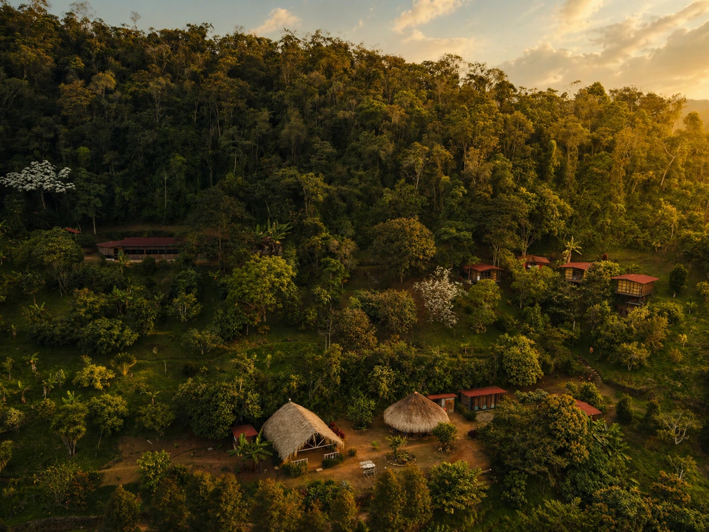 Golden light over the retreat reserve and cabins in the mountains